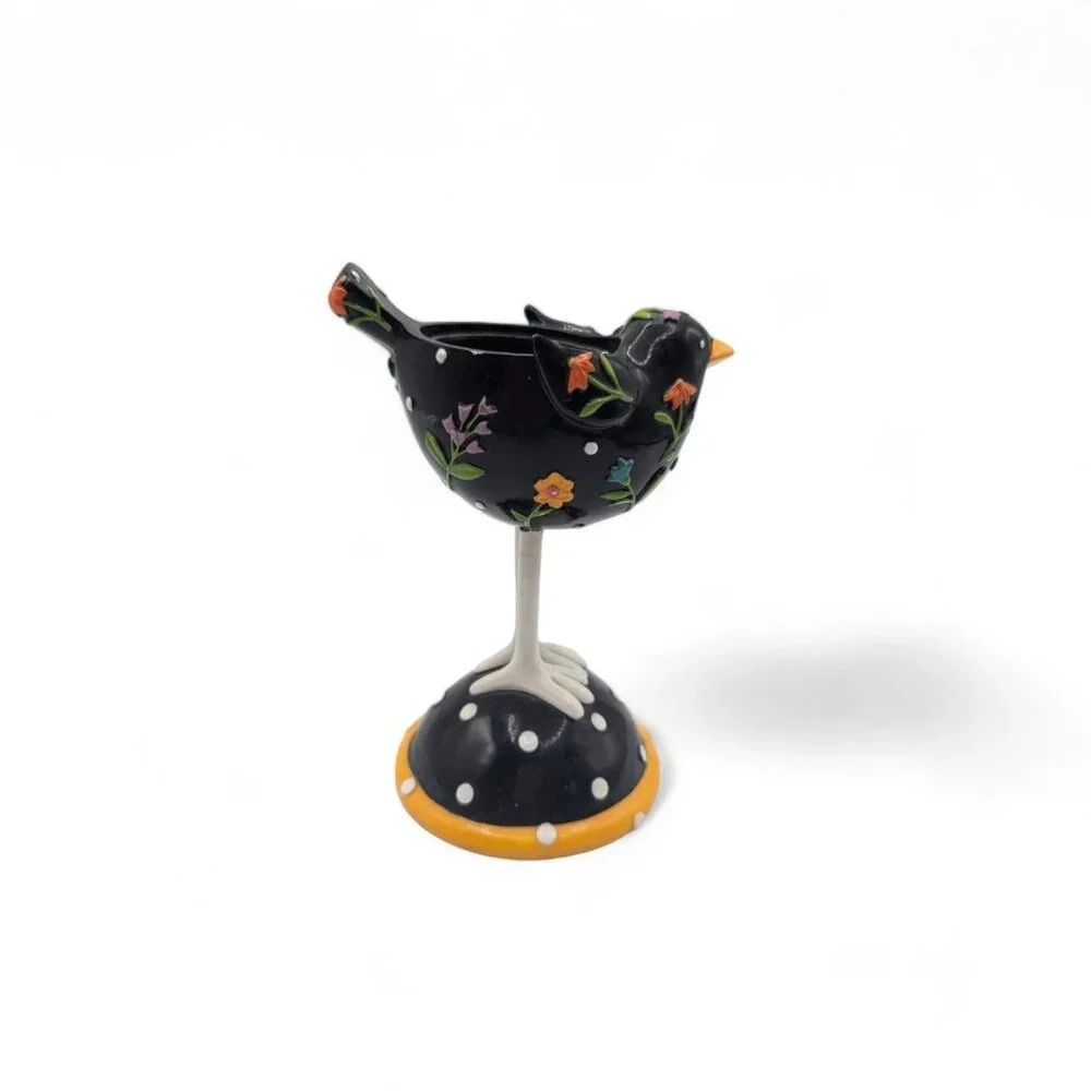 Yankee Candle Black Bird Long Legs Votive Candle Holder With Folk Art Floral Des